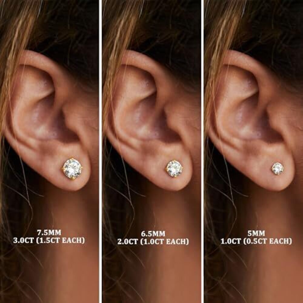 4450 Moissanite Earrings Studs : 18K Gold Plated 925 Sterling Silver - Picture 2 of 7